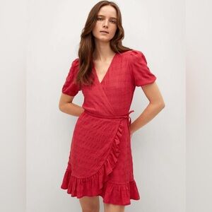 MNG by Mango Textured Wrap Ruffle Mini Dress- Fuchsia/Red      Size 8 summer